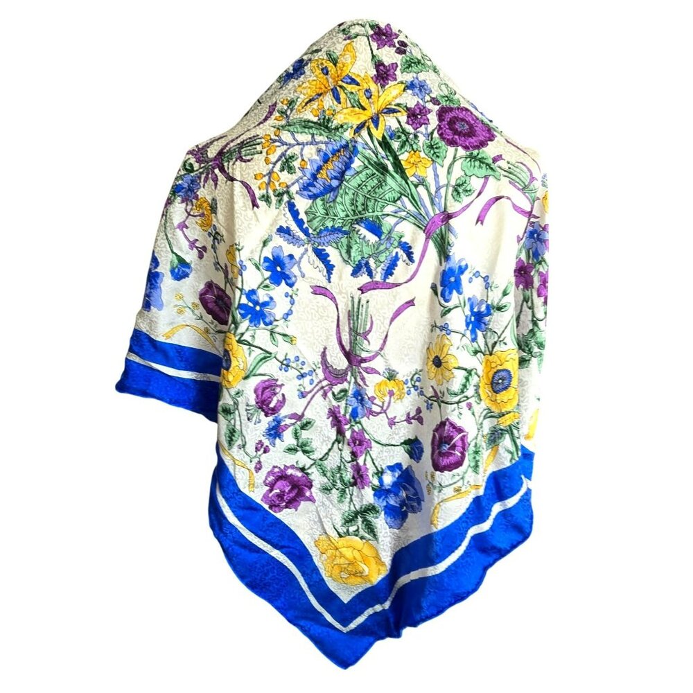 Vintage Silk Scarf Floral Print Blue White Yellow Purple Iris 34" NWT JJ4005